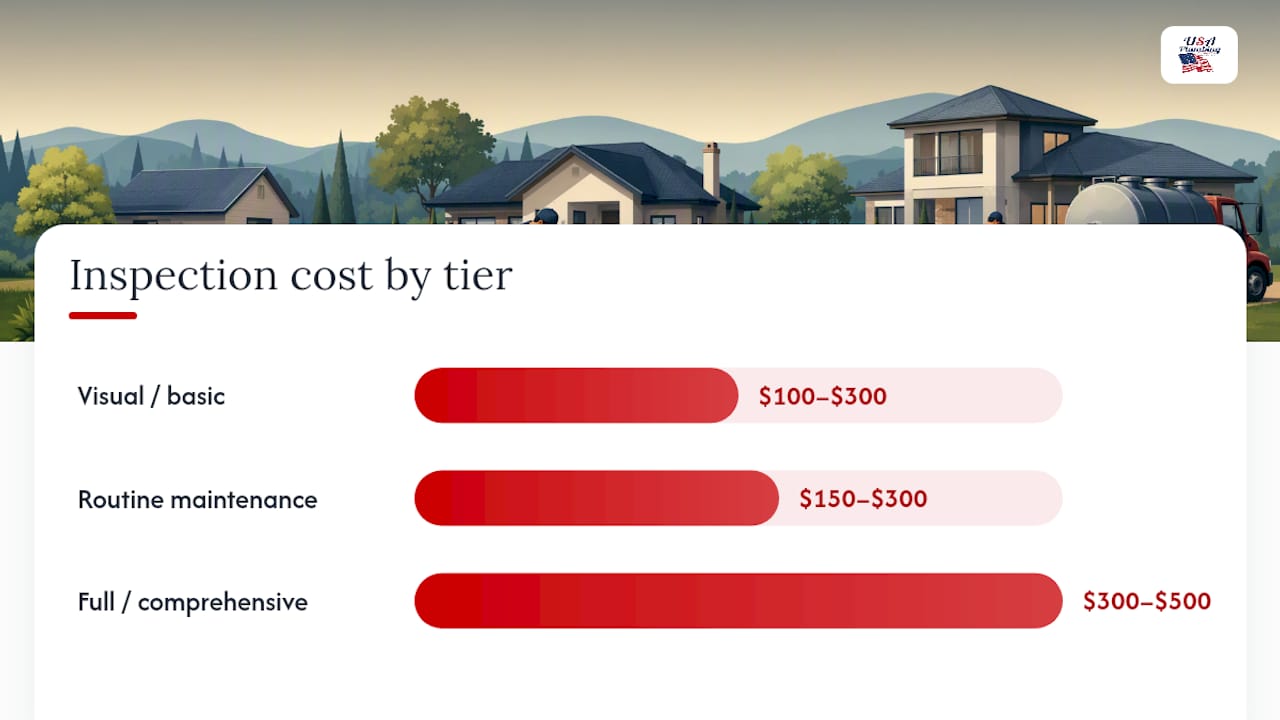 Diagram comparing septic inspection types by cost, duration, and tasks