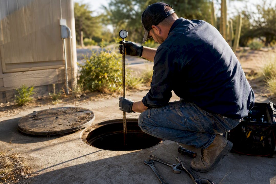 Hands measuring septic sludge level inside tank