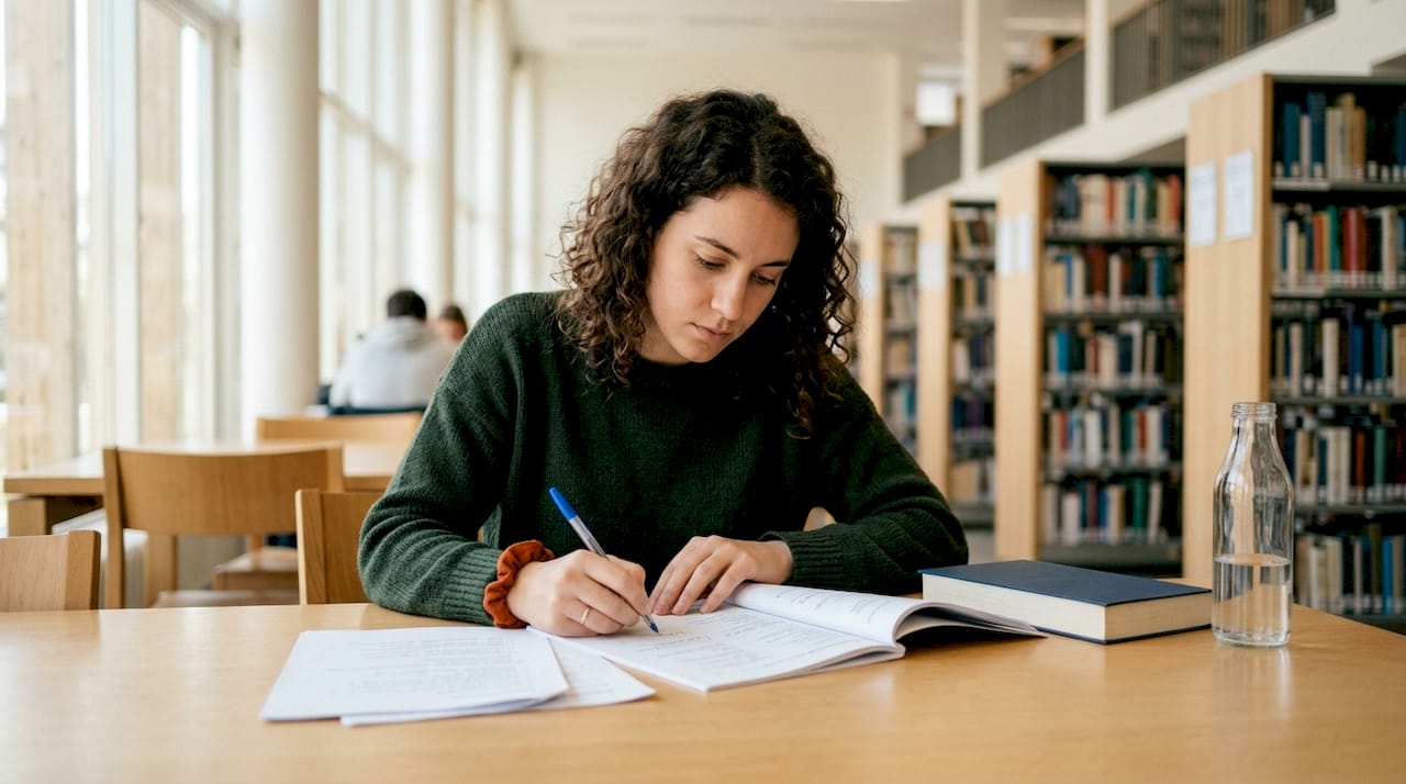 Mujer preparándose para sus exámenes de inglés desde la comodidad de su hogar