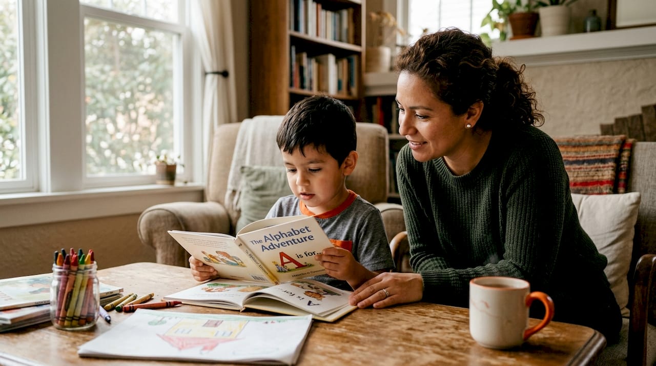 Una madre y su hijo aprenden inglés juntos en casa