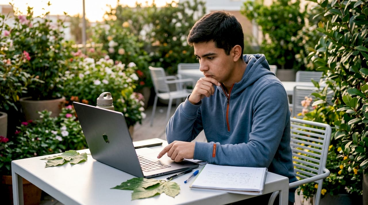 Una joven estudiante reflexiona sobre cómo se utiliza 'already' mientras estudia en la biblioteca.