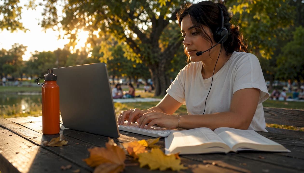 Una mujer aprende inglés desde la comodidad de su hogar, utilizando su ordenador portátil y unos auriculares.