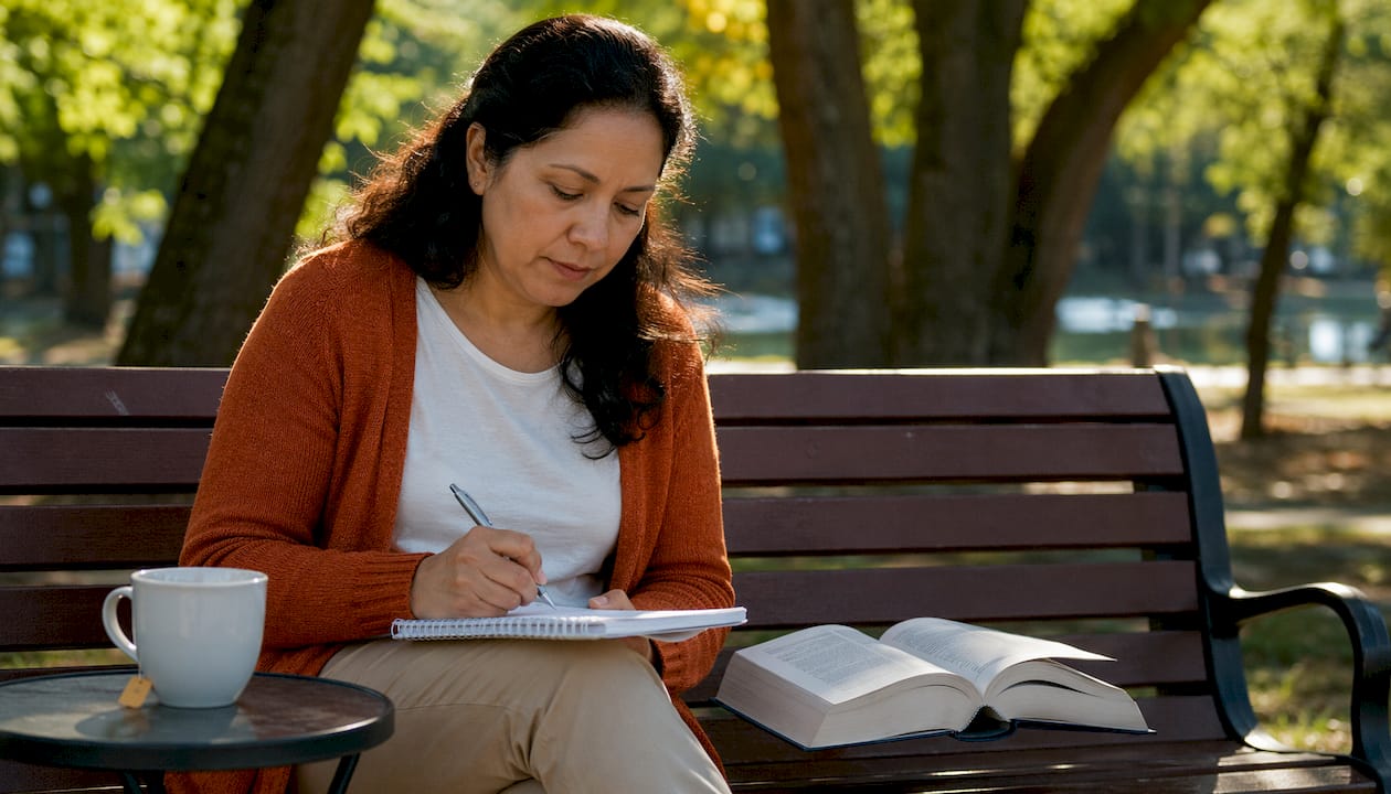 Mujer adulta anotando sus objetivos para aprender inglés