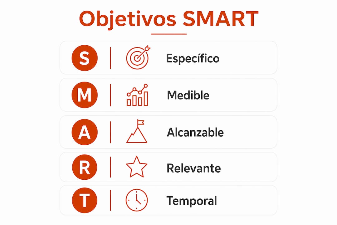 Infografía que muestra, de manera visual, las etapas clave del método SMART para alcanzar tus objetivos.