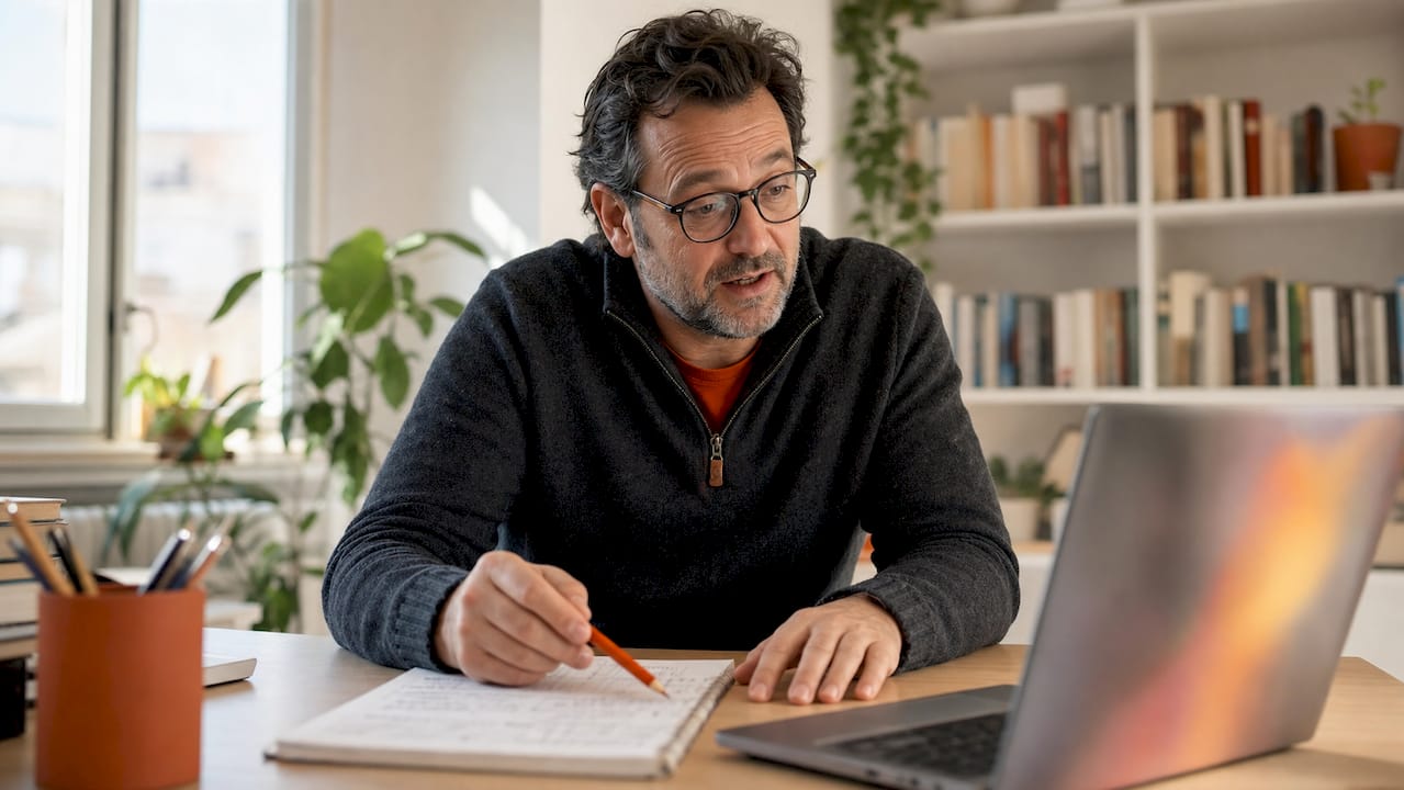 Profesor particular impartiendo clases online desde la comodidad de su hogar.
