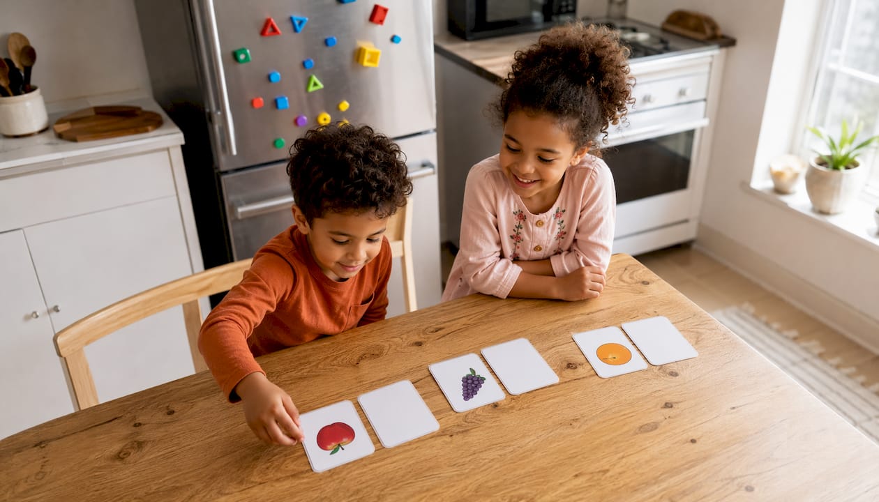 Niños divirtiéndose con un juego para relacionar palabras en inglés.