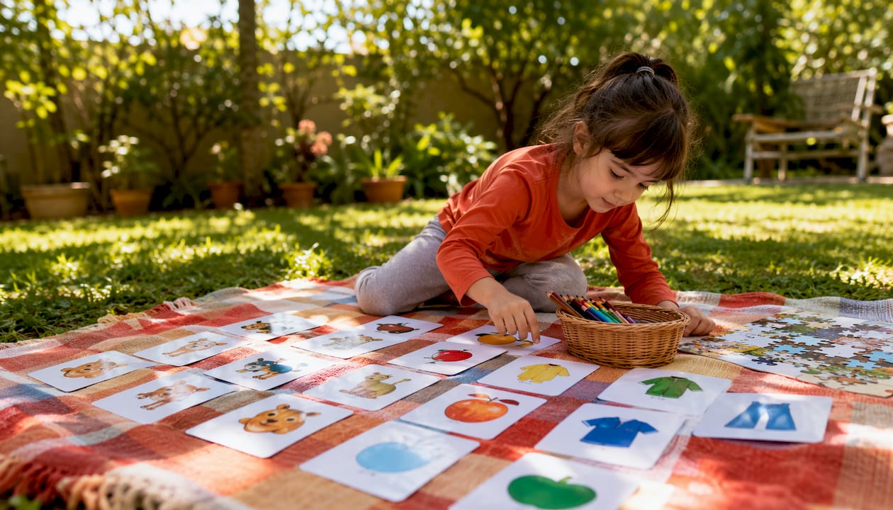 Vista desde arriba de tarjetas de vocabulario en inglés y materiales para aprender el idioma.