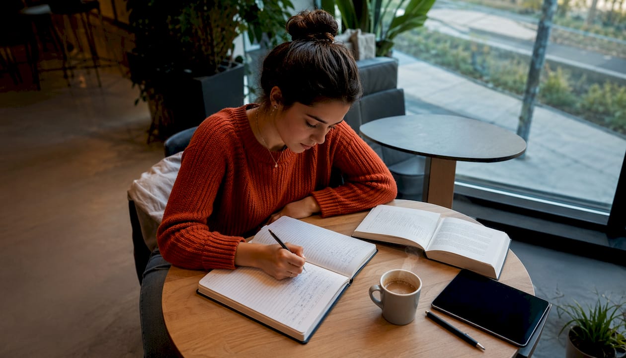 Una joven española repasa inglés sentada en su escritorio.