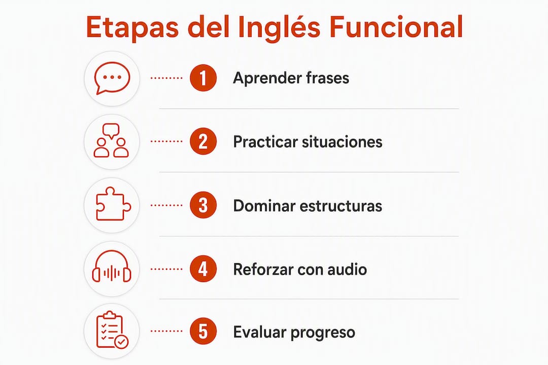Infografía con pasos clave para dominar el inglés en situaciones cotidianas