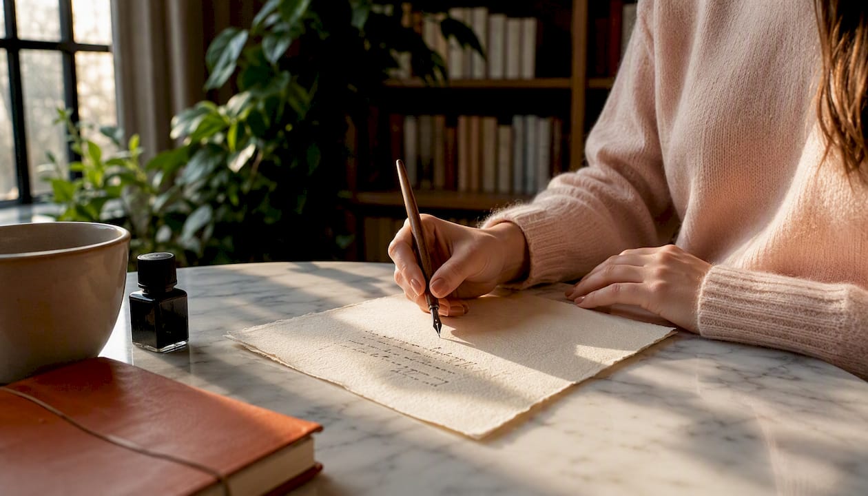 Manos que plasman sentimientos en una carta de amor, dejando cada palabra escrita con una pluma.