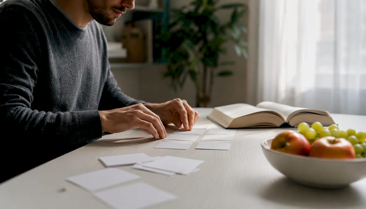 Unas manos organizan tarjetas con palabras en inglés para aprender vocabulario.