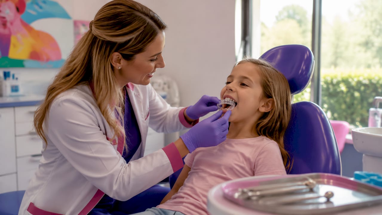 Dentist fitting custom night guard on child