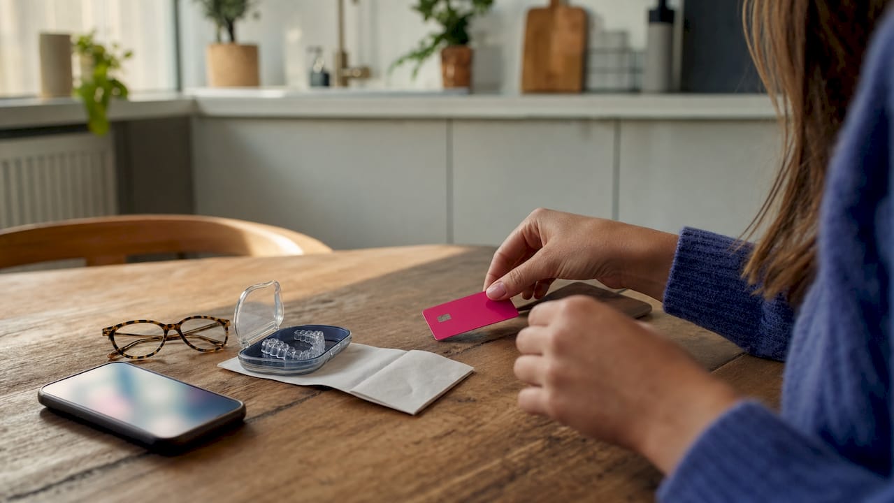 Close-up of Invisalign retainer and payment setup on desk