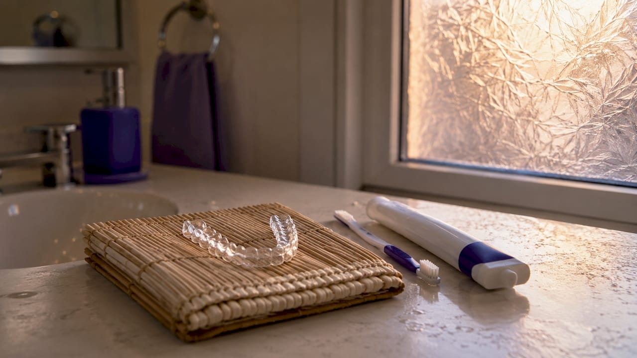 Clear dental retainer on bathroom counter with toothbrush