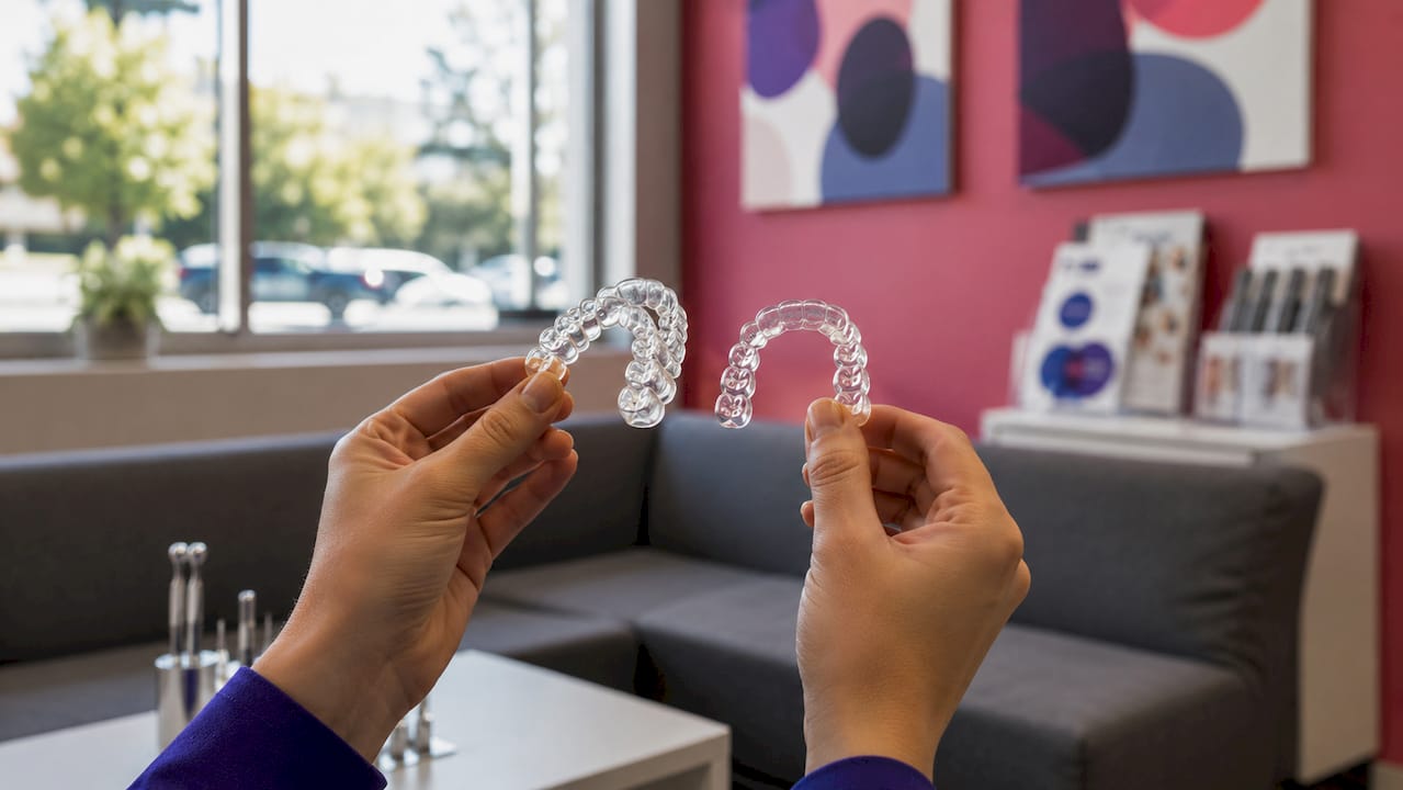 Hands comparing custom and generic retainers