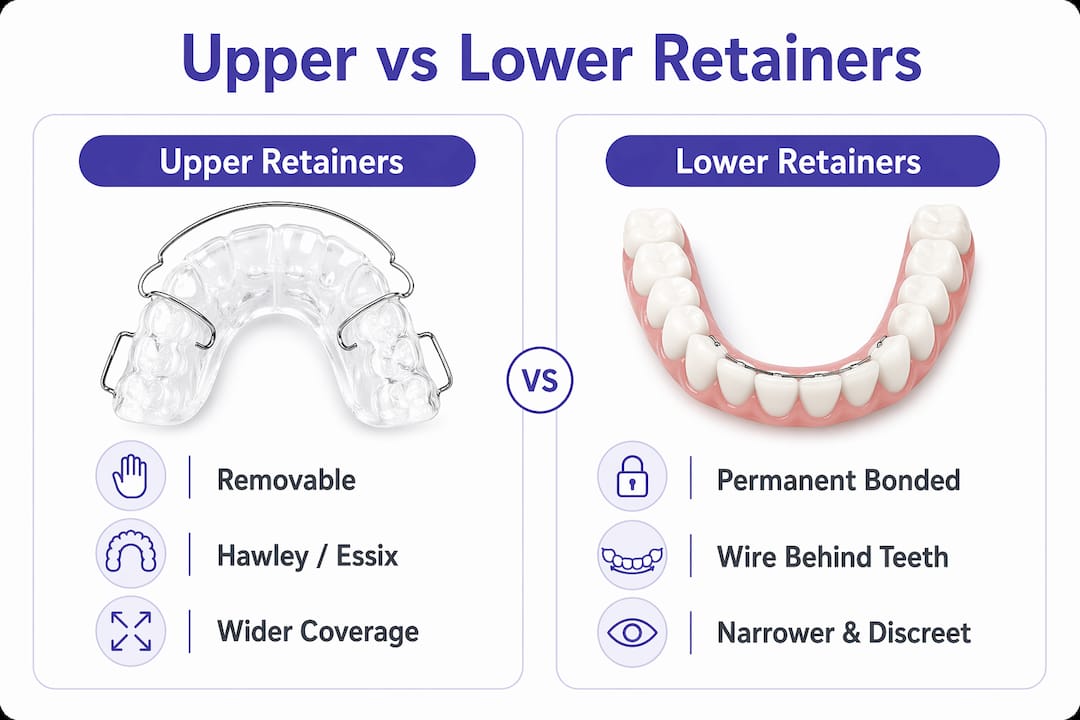 Infographic comparing upper and lower retainer features