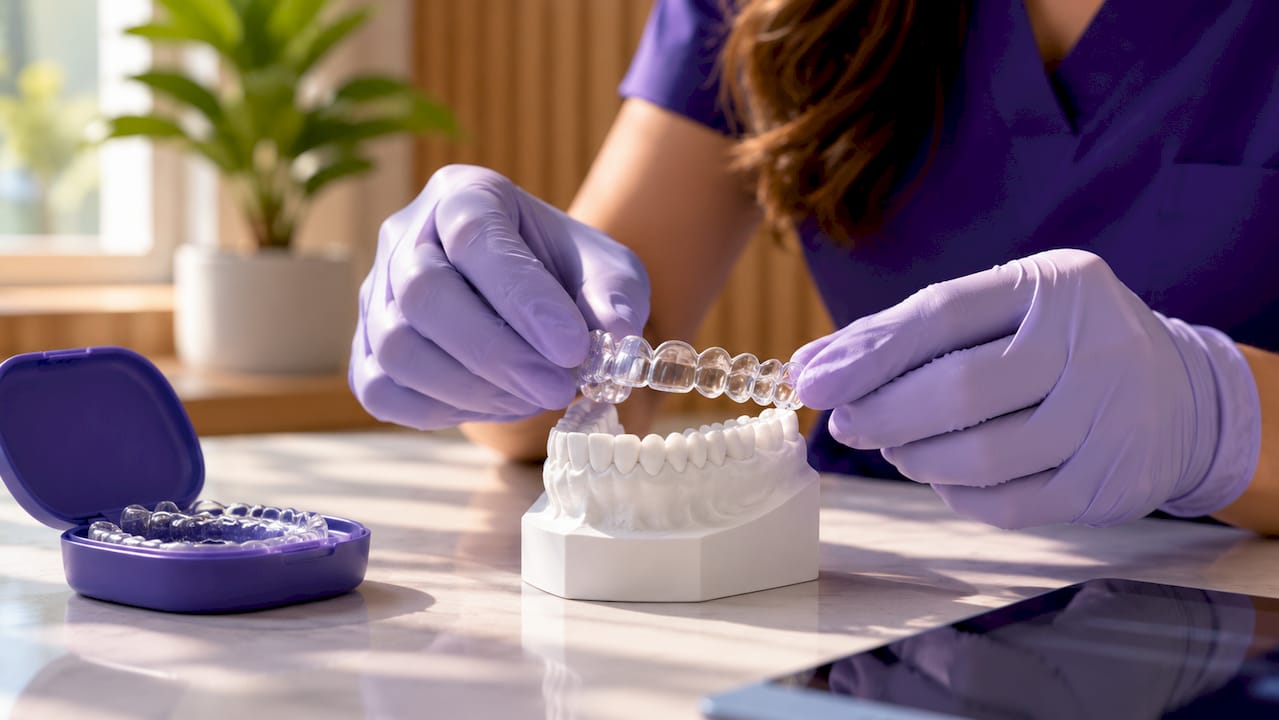 Dentist holding clear dental retainer close-up