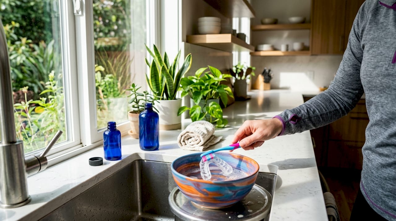 Close-up of hands brushing mouth guard in sink