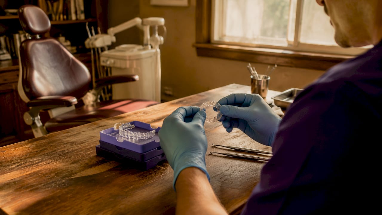 Orthodontist adjusting clear dental aligner