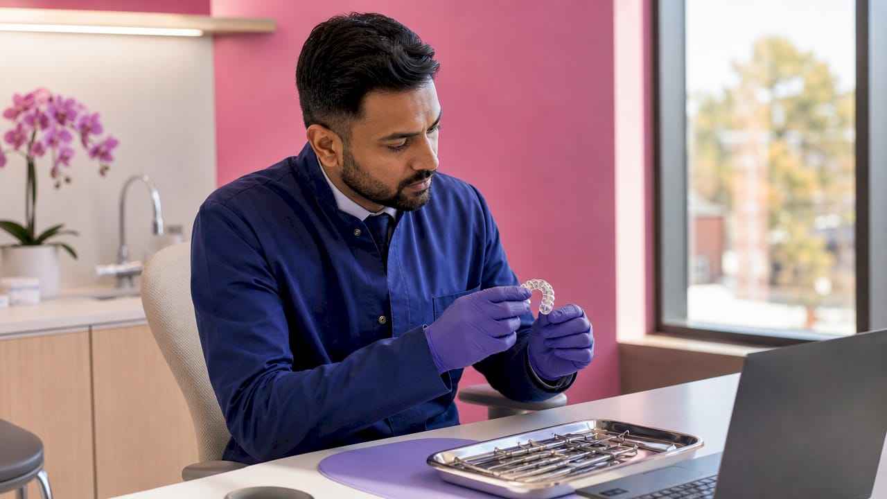 Dentist holding cracked dental retainer in clinic