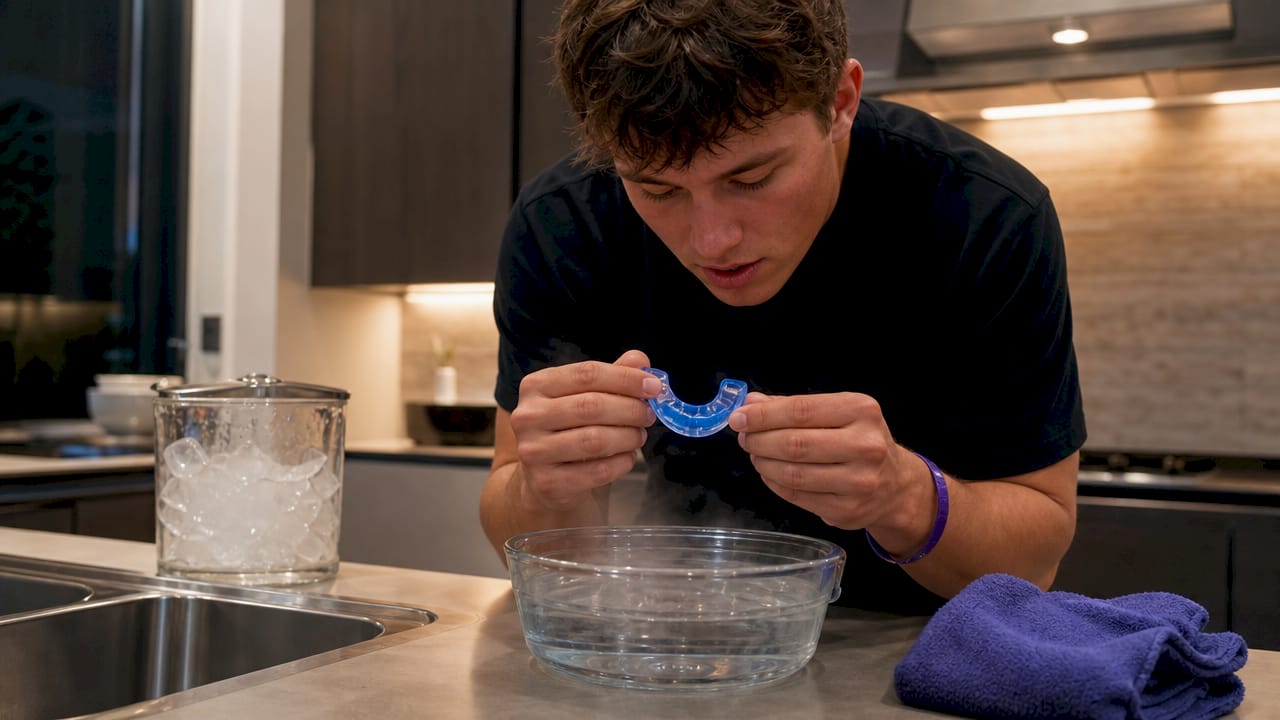 Close-up of boil-and-bite mouthguard after heating