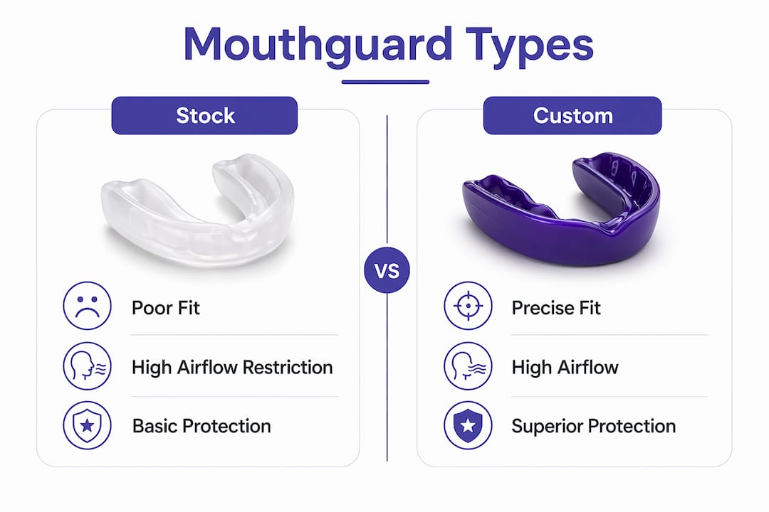 Infographic comparing stock and custom mouthguards