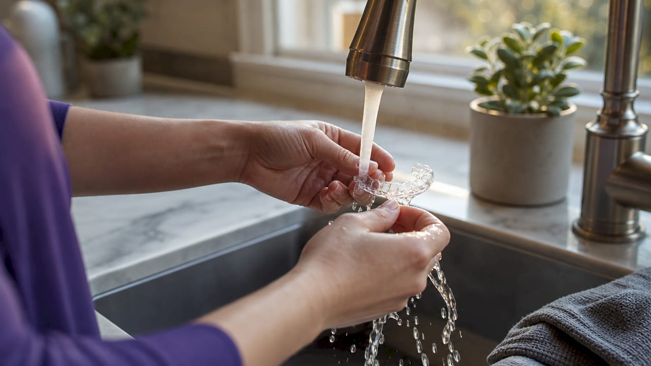 Hands cleaning clear plastic dental retainer