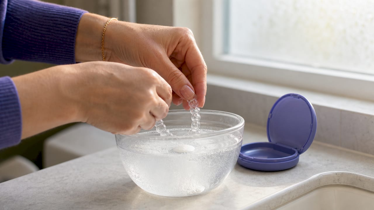 Hands soaking retainer in cleaning solution bowl