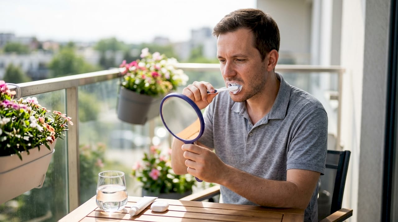 Person brushing teeth in bathroom mirror