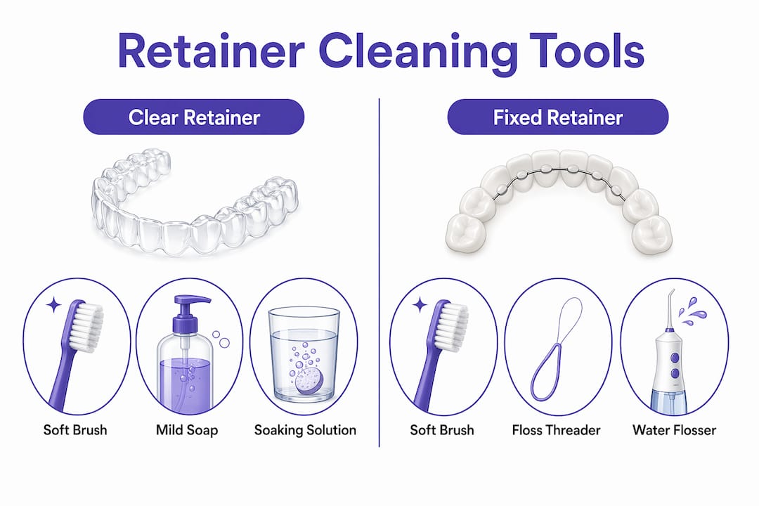 Infographic comparing cleaning tools for retainer types
