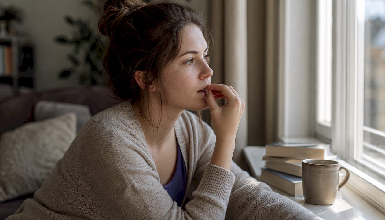 Young woman biting fingernail at kitchen table