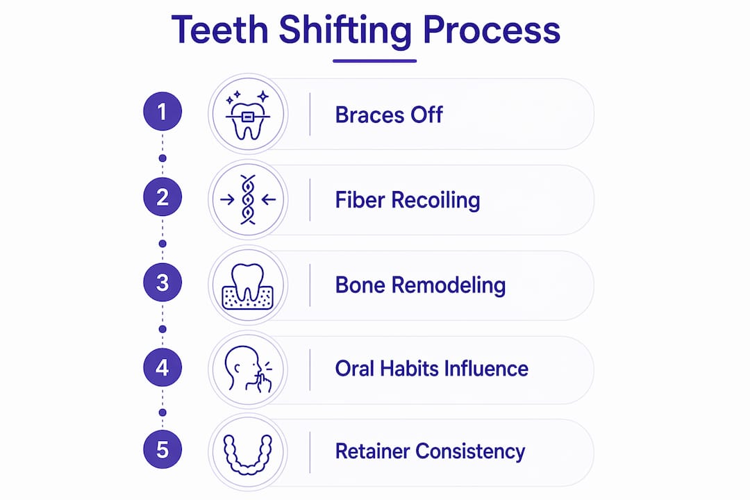 Infographic illustrating stages of teeth shifting after braces