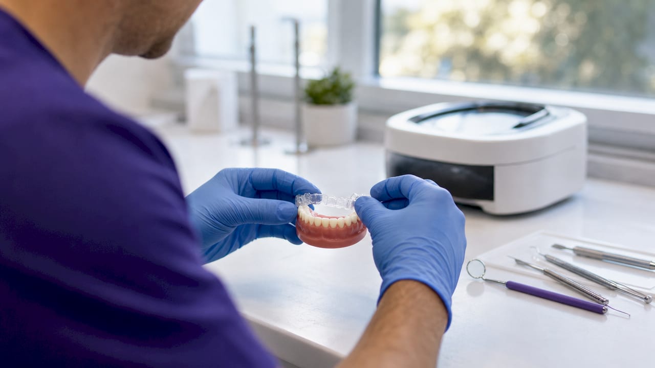 Orthodontist adjusting Essix retainer on dental model