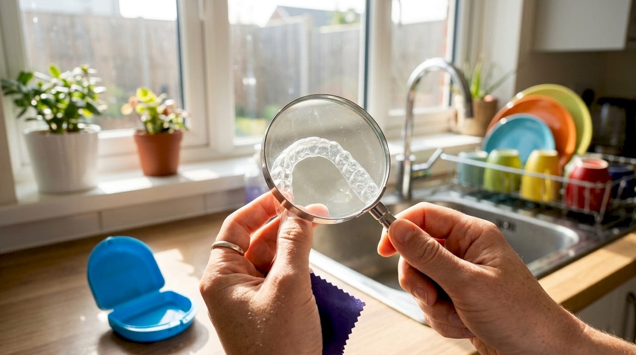 Hands examining retainer with magnifying glass