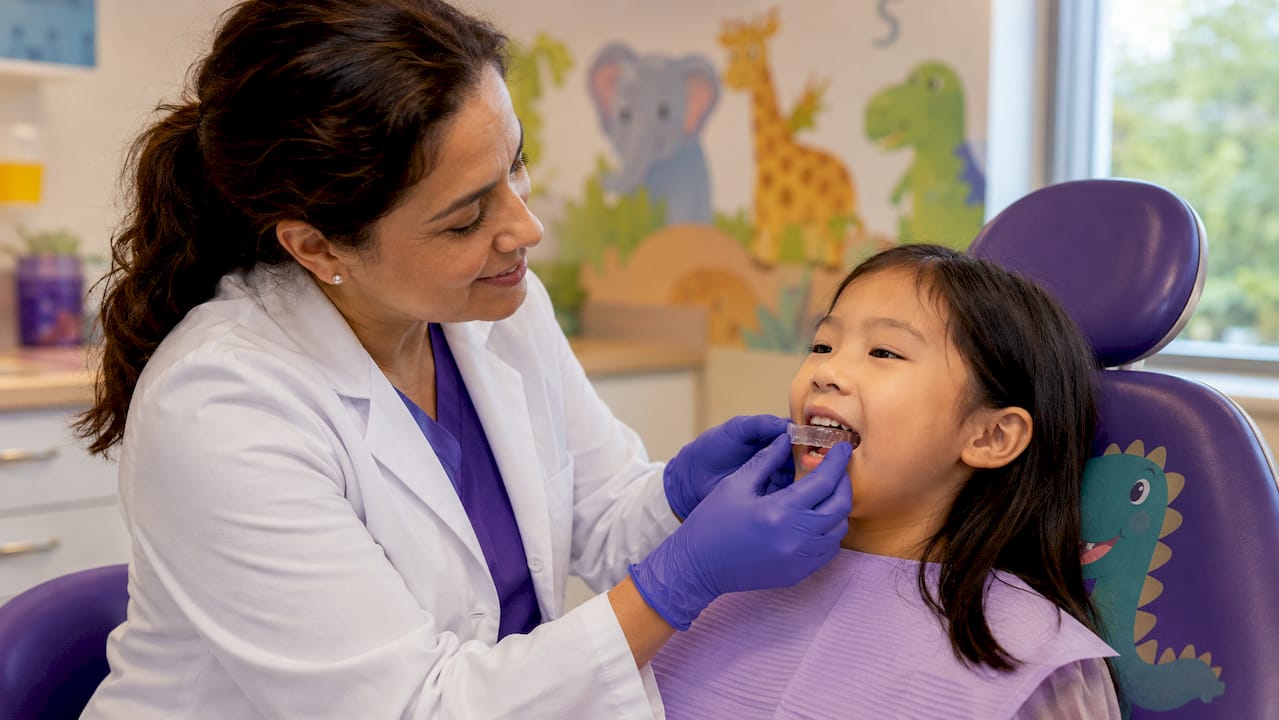 Dentist fitting child's night guard