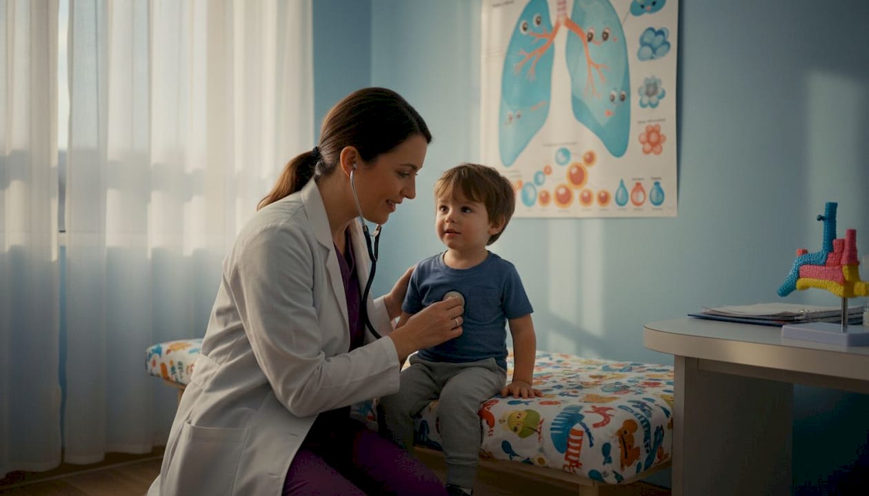Pediatrician examining young boy for breathing issues