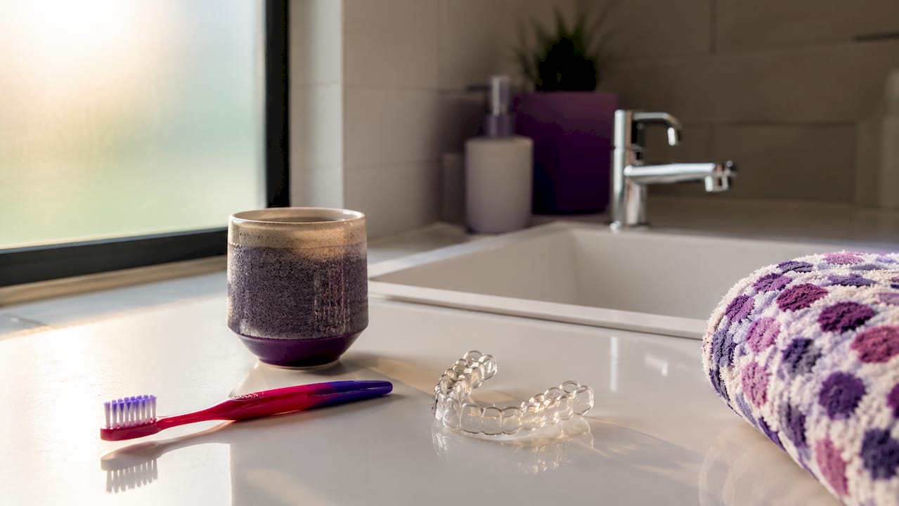 Close-up of retainer and toothbrush on countertop