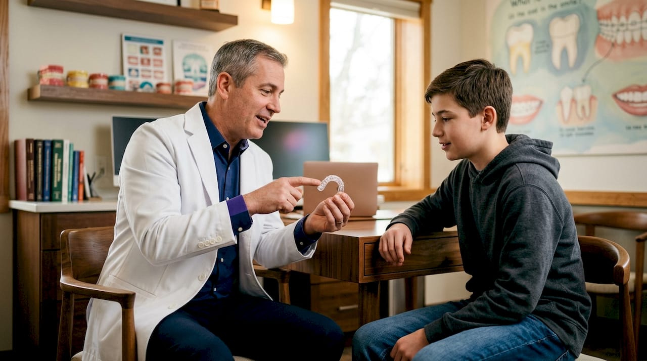 Orthodontist explaining retainer phases to patient