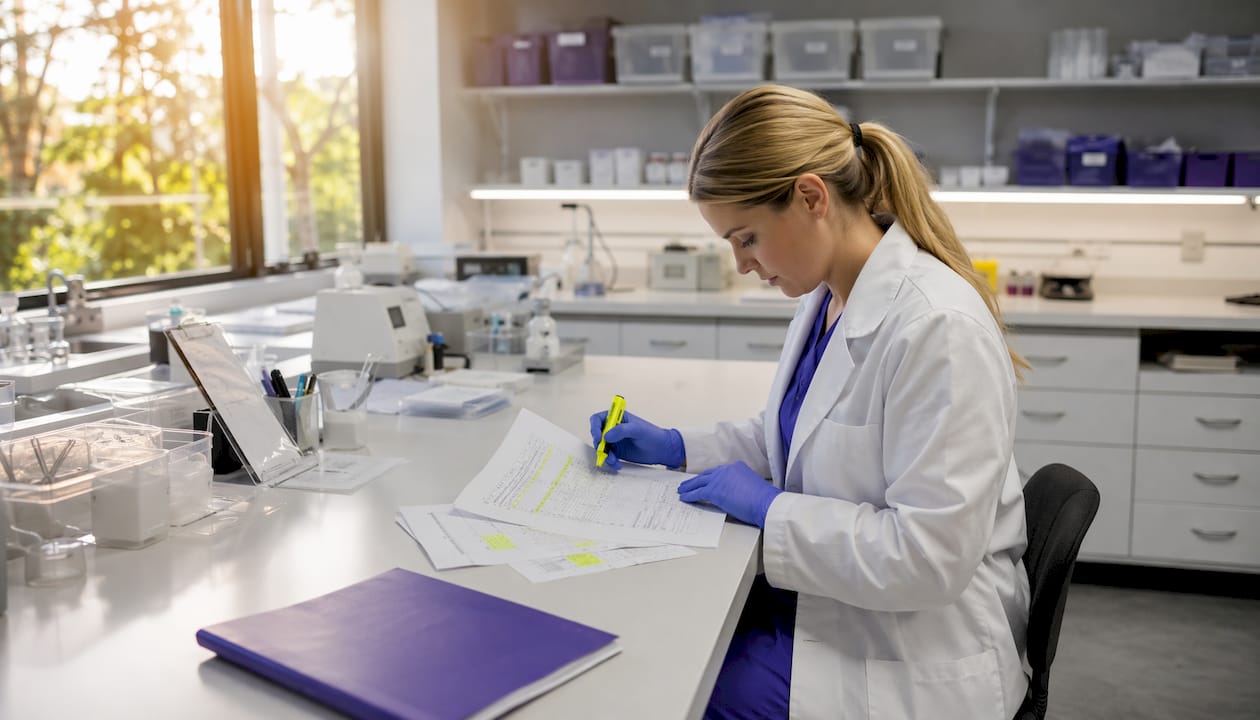 Lab technician reviewing BPA test results