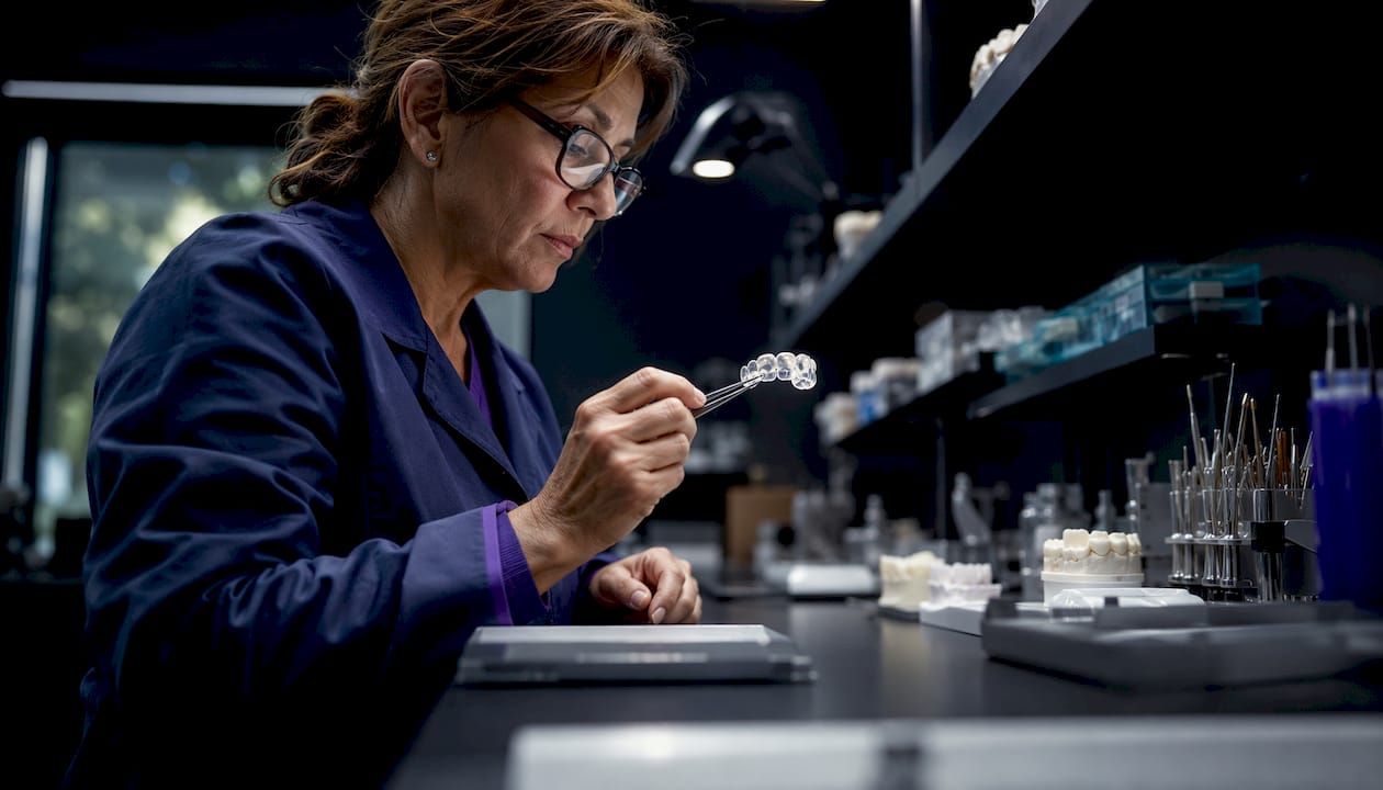 Dental technician inspecting custom mouthguard
