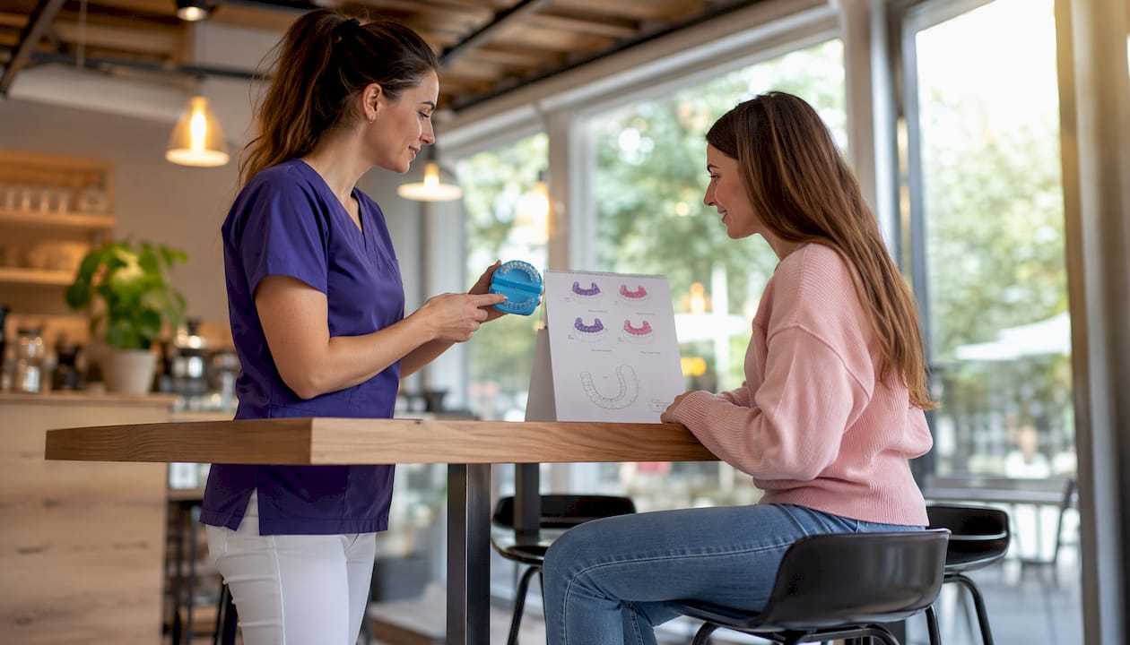 Dental professional advising patient on retainer care