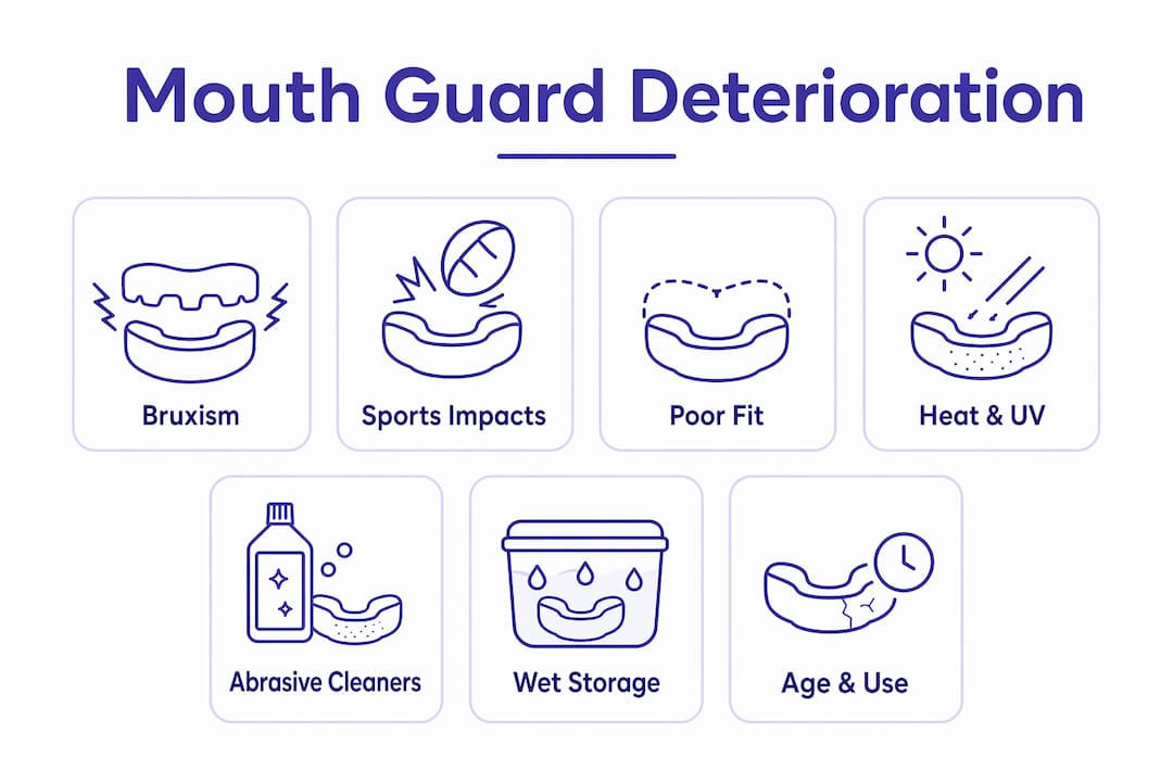 Infographic showing key causes of mouth guard deterioration