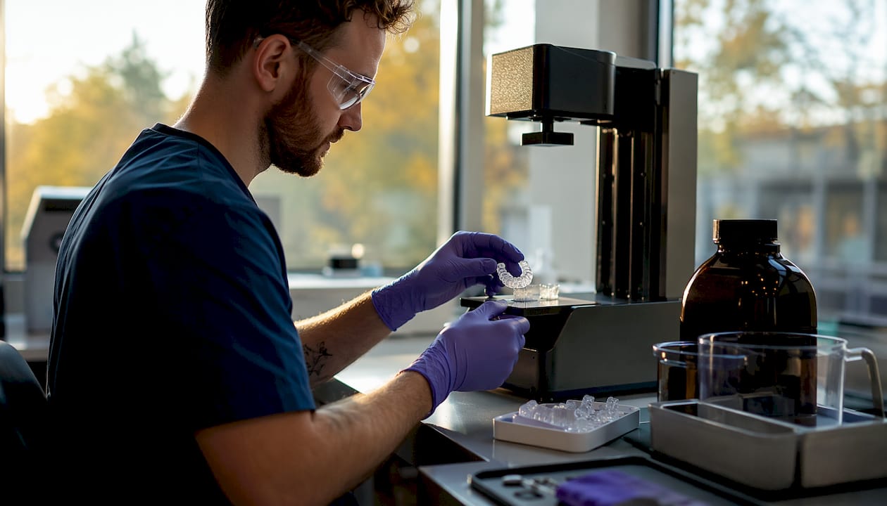 Technician removing 3D printed dental retainer