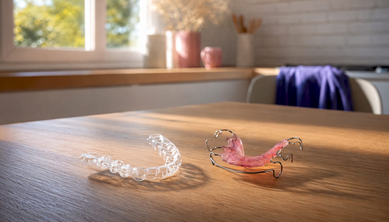Close-up of clear and wire retainers on bathroom counter