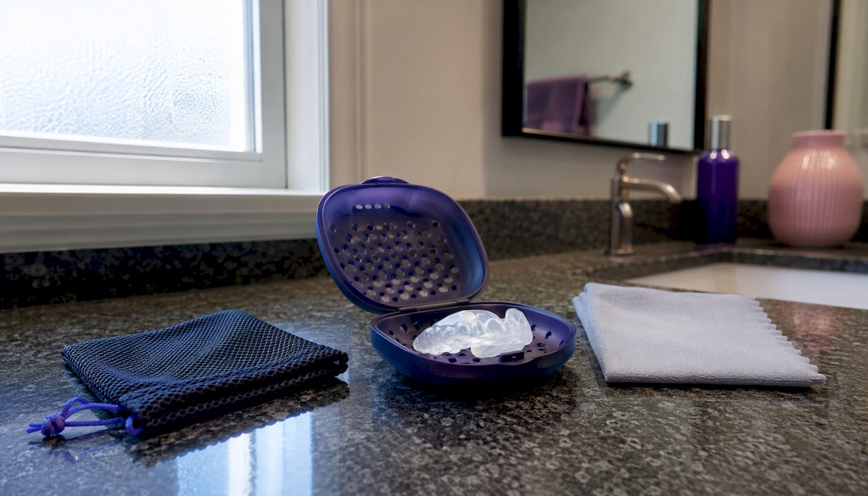 Mouth guard in ventilated case with damp cloth