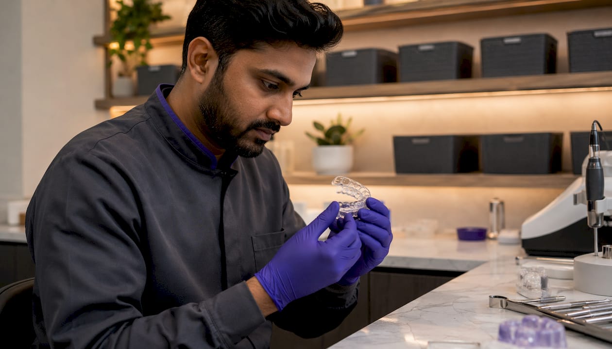 Dental technician inspecting mouth guard closely