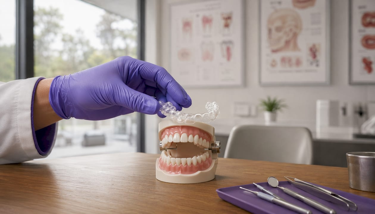 Dentist demonstrating mouthguard on dental model