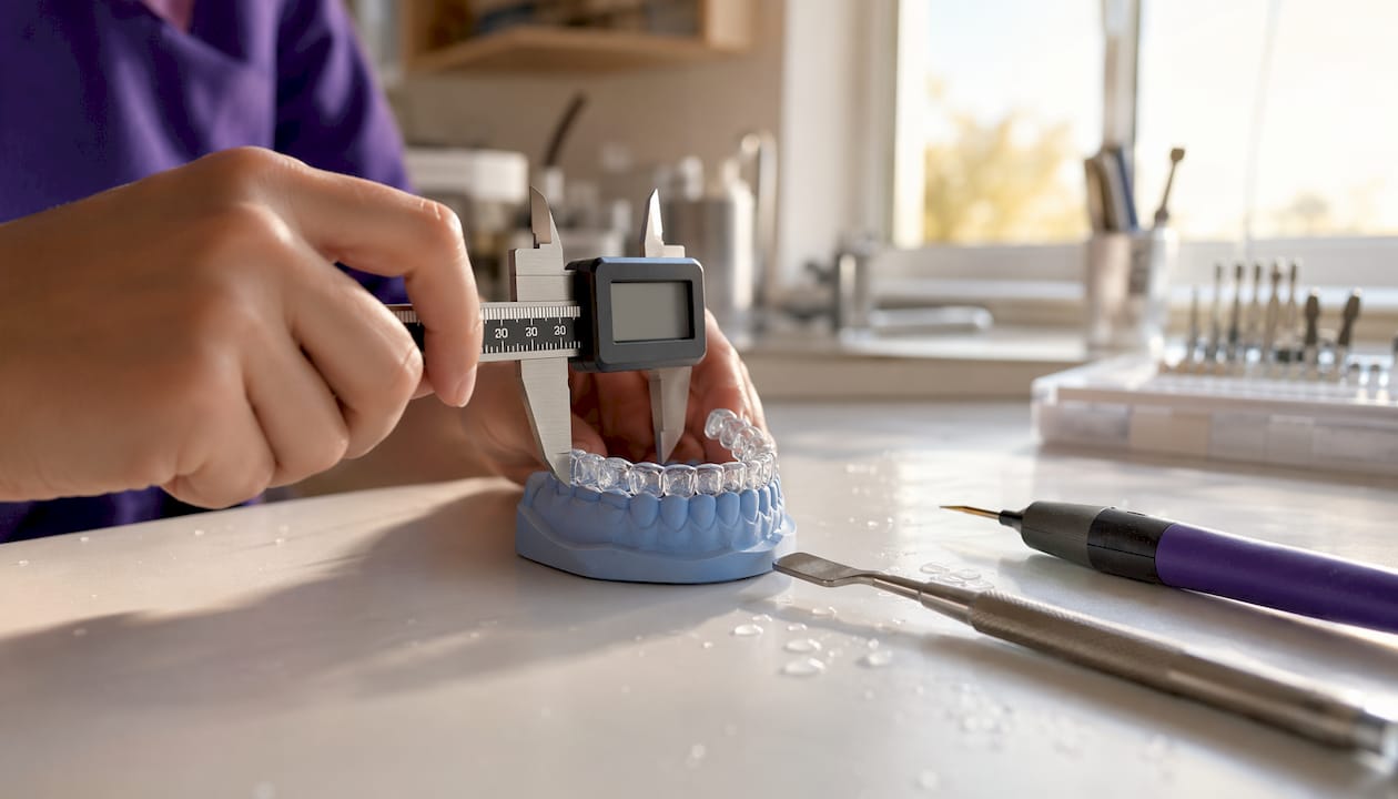 Caliper measuring mouthguard labial thickness on mold
