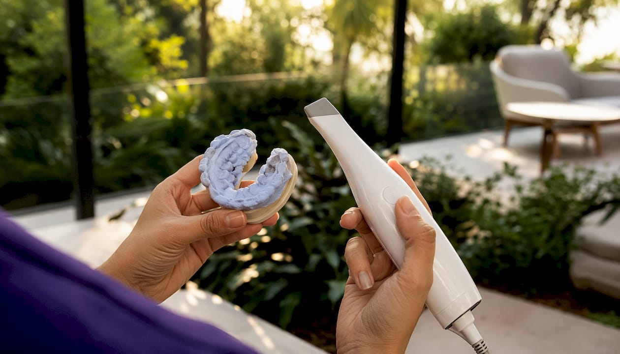 Hands holding putty impression and digital scan tools
