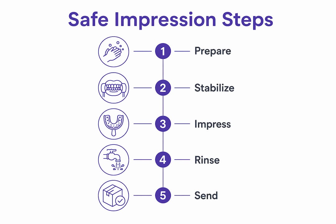 Infographic showing safe steps for at-home dental impressions